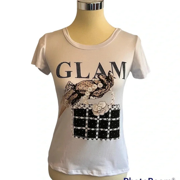 Glam Bling Bling Studded Top Short Sleeve White - Picture 3 of 7